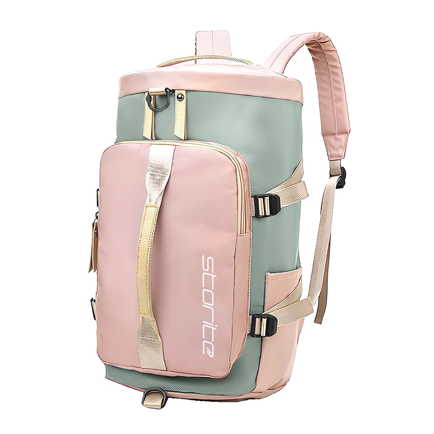 Storite Nylon 25 Cms Small Imported Lightweight Waterproof Duffle Bag, Rucksack Travel Bag For Women With Separate Wet Pocket & Shoes Compartment, Backpack Carry – (43 x 25 x 26 CM),Pink/Grey