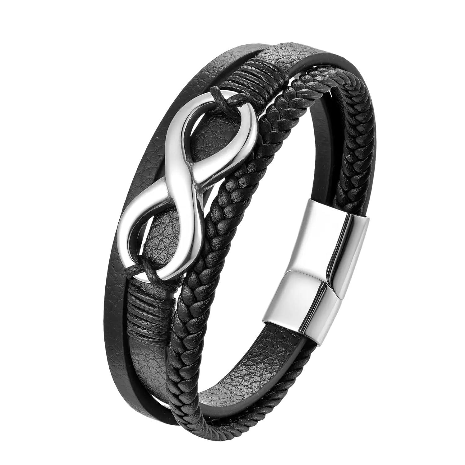 MEENAZ Black Leather Bracelet for Men Boys Magnetic-Clasp Evil Eye Bracelets for Man Stylish Combo Silver Stainless Steel Birthday Gift Anniversary Husband