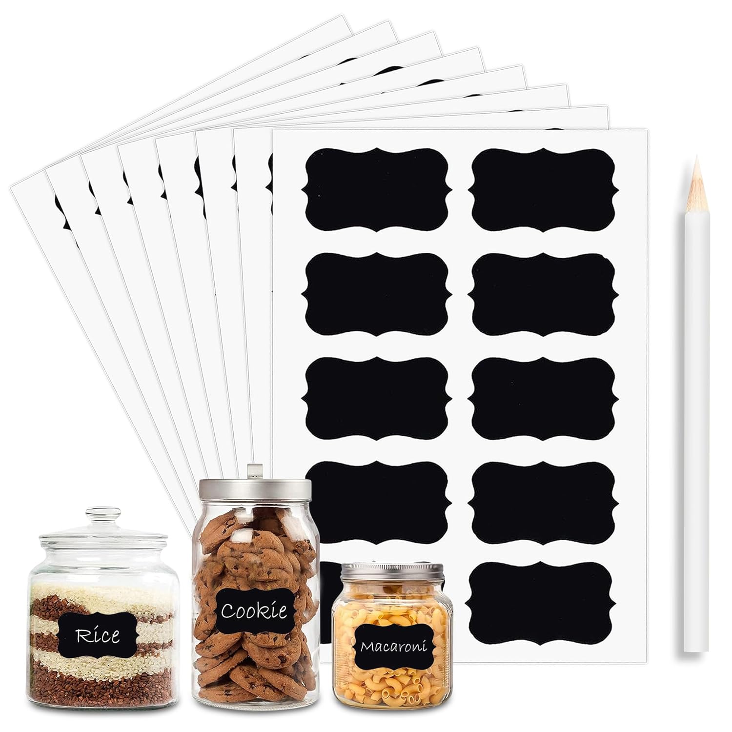 GLUN 100 Piece Waterproof Vinyl Black Labels Stickers for Mason Jar Glass & Plastic Bottles, 100 Labels Piece Stickers with 1 Piece White Pencil, Self-Adhesive Spice