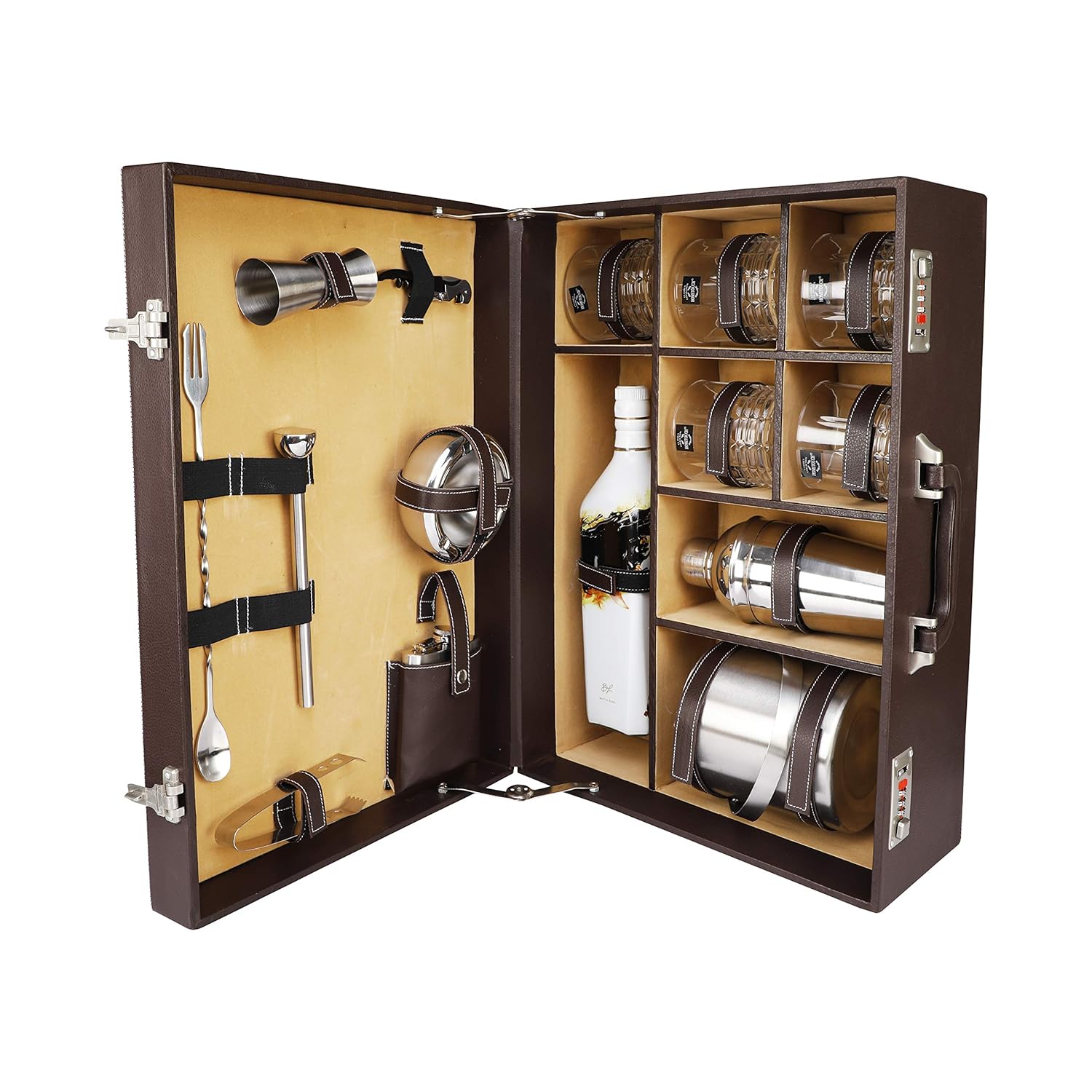Anything & Everything Bar Sets | Portable Leatherette Bar Set | Wine Case | Whisky Case | Wooden Bar Set for Picnic | Portable Bar Accessories Set (Holds 01 Bottle & 05 Whisky Glasses) (Brown & Beige)
