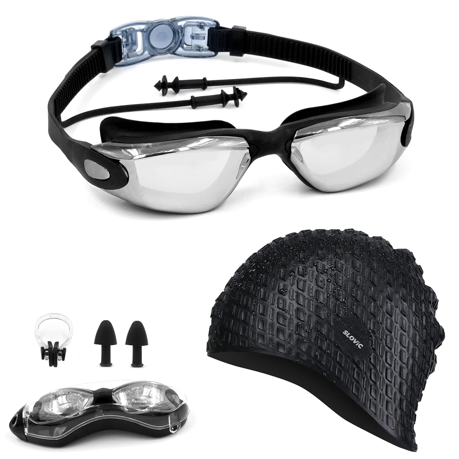 SLOVIC Swimming Goggles & Cap Combo | Anti-Fog Swimming Goggles for Men | Swimming Cap for Men | UV Protected Swimming Goggles for Women with Adjustable Straps | Unisex Swimming Accessories [Black]