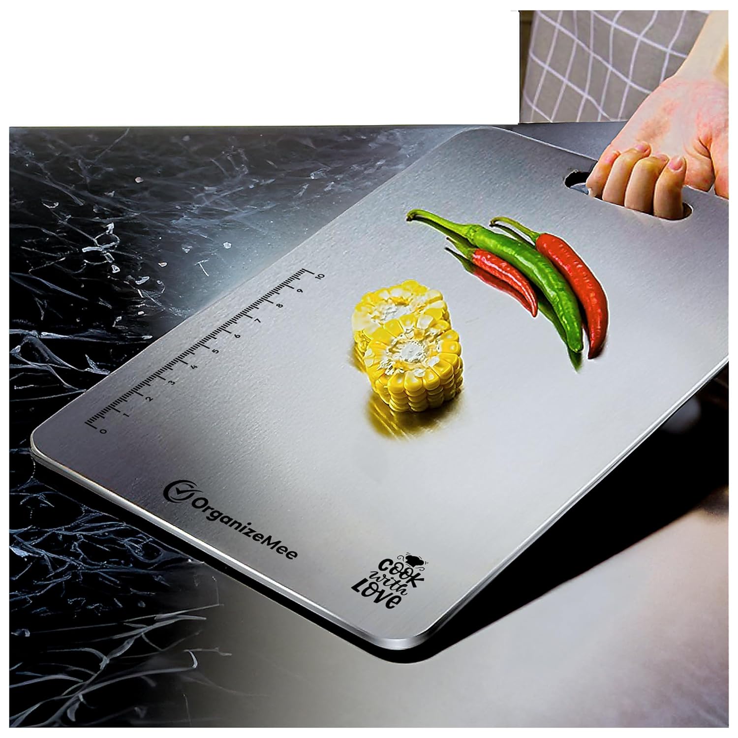 OrganizeMee Large Stainless Steel Cutting Board for Kitchen – Premium Vegetable and Fruit Cutter, Heavy-Duty Metal Chopping Board, Big Size Pad (36 cm X 25 cm)