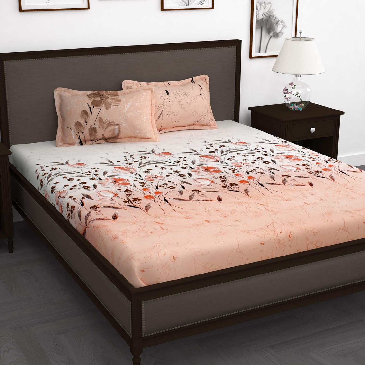 Story@Home Bedsheet for King Size Bed | Cotton Bedsheet | Floral King Size Bed Sheet with 2 King Size Pillow Covers (270 X 270 Cm, Peach) | Perfect for Diwali Gifting/Festive Gifting | 240TC