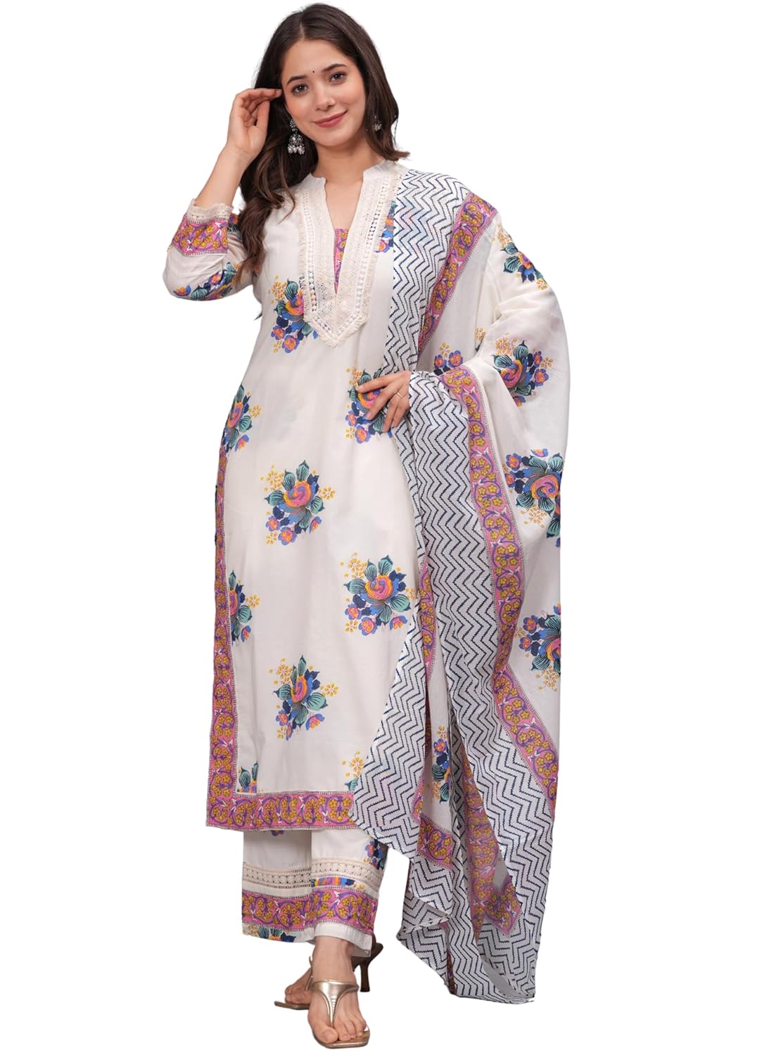 Amayra Women’s Pure Cotton Printed Straight Kurta Set with Palazzo Pants & Dupatta- Ethnic Wear, White Amayra Women’s Pure Cotton Printed Straight Kurta Set with Palazzo Pants & Dupatta- Ethnic Wear, White