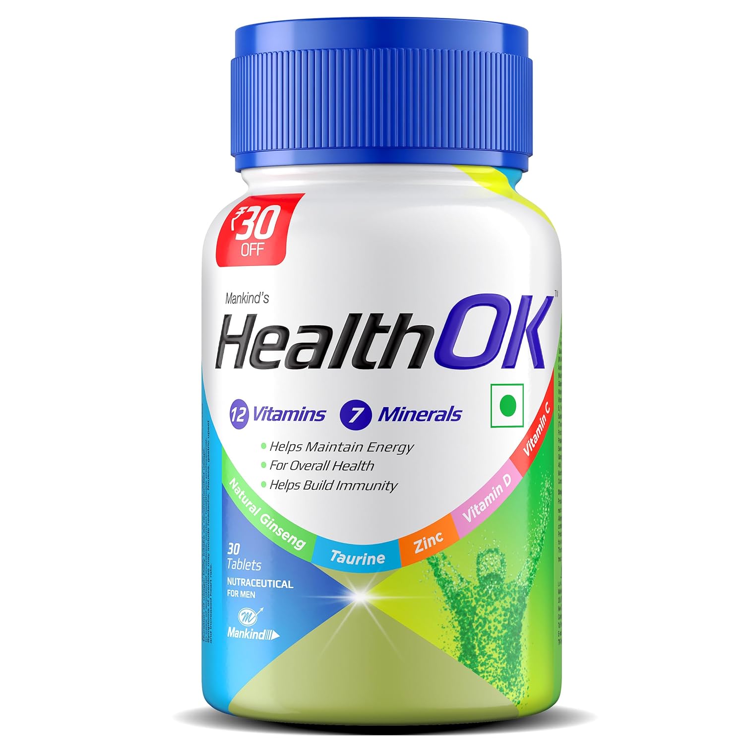 Mankind’s Health OK Multivitamin With Natural Ginseng,Taurine Power,Daily Energy,Alertness,Vitamin D,C & Other 18 Multivitamins Minerals,For Overall Health,30 Tablets (Veg) X Pack Of 1, 250 grams