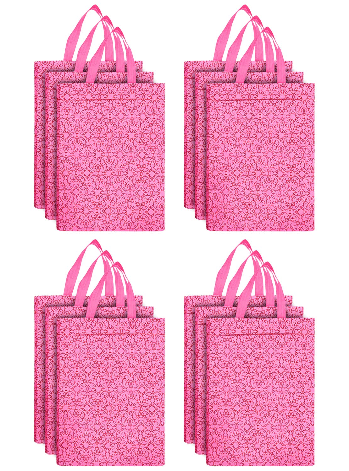 Kuber Industries Cotton Rectangular Flower Print Carry Bags with Handles – 12F26-KUBBMART016970 (Pink, 26 cm x 11 cm x 38 cm) – Pack of 12