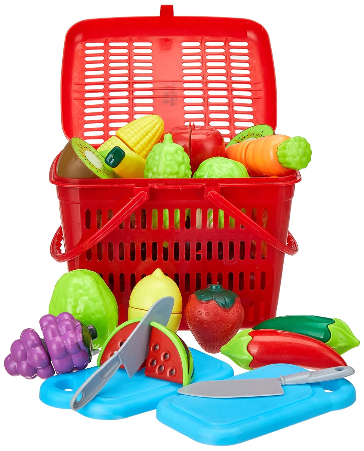 Amazon Brand – Jam & Honey Fruit and Vegetable Basket Toy for Kids|Pretend and Play Food Basket |Realistic Cutting and Slicing | Ideal for Kids Age 3+/7 Fruits/7 Vegetables/1 Chopping Board/1 Knife,