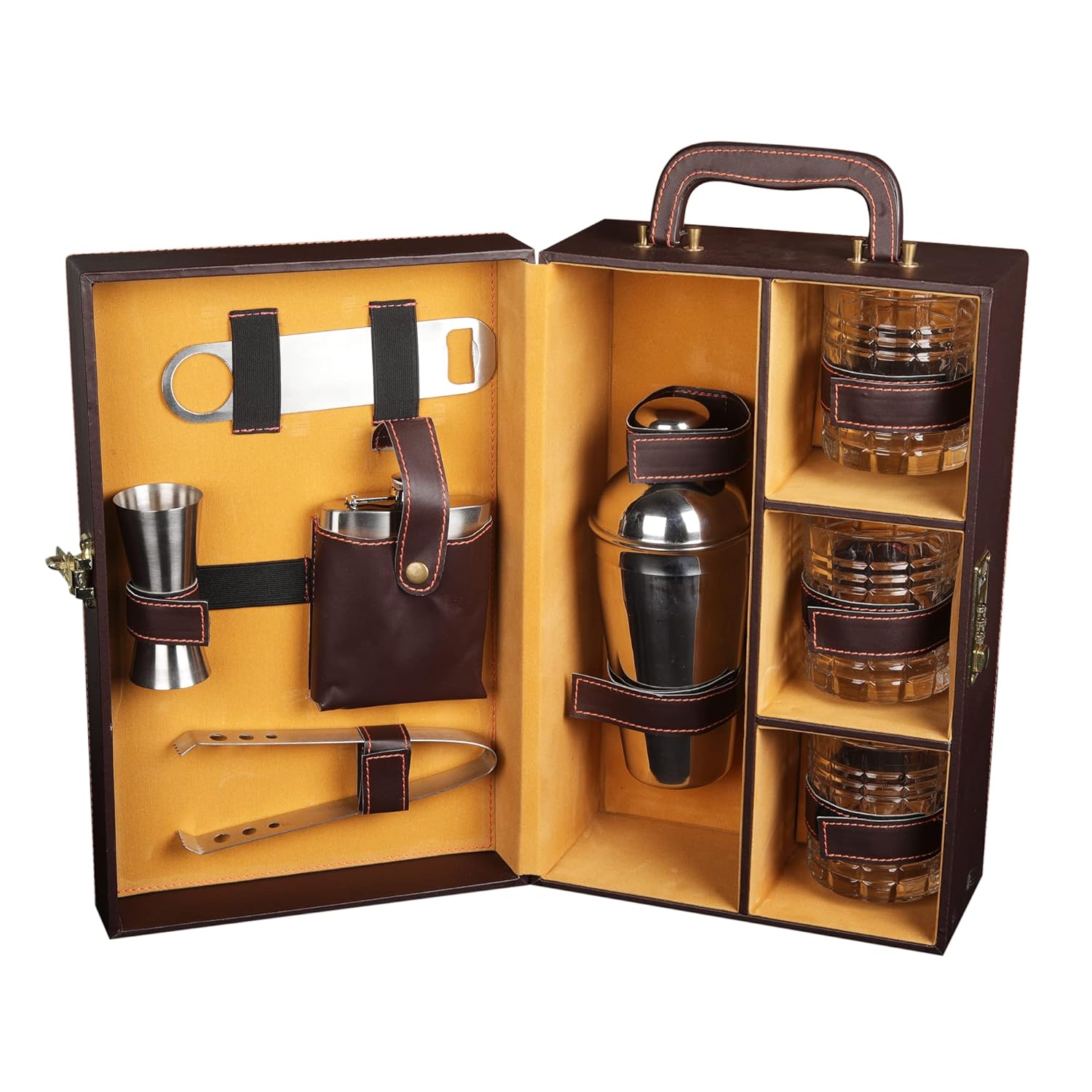 Anything & Everything Premium Bar Accessories Set with Whiskey Glasses | Portable Leatherette Bar Accessories Set | Bar Accessories Set for Picnic | Bar Set for Travel | Bar Set for car | (Brown)