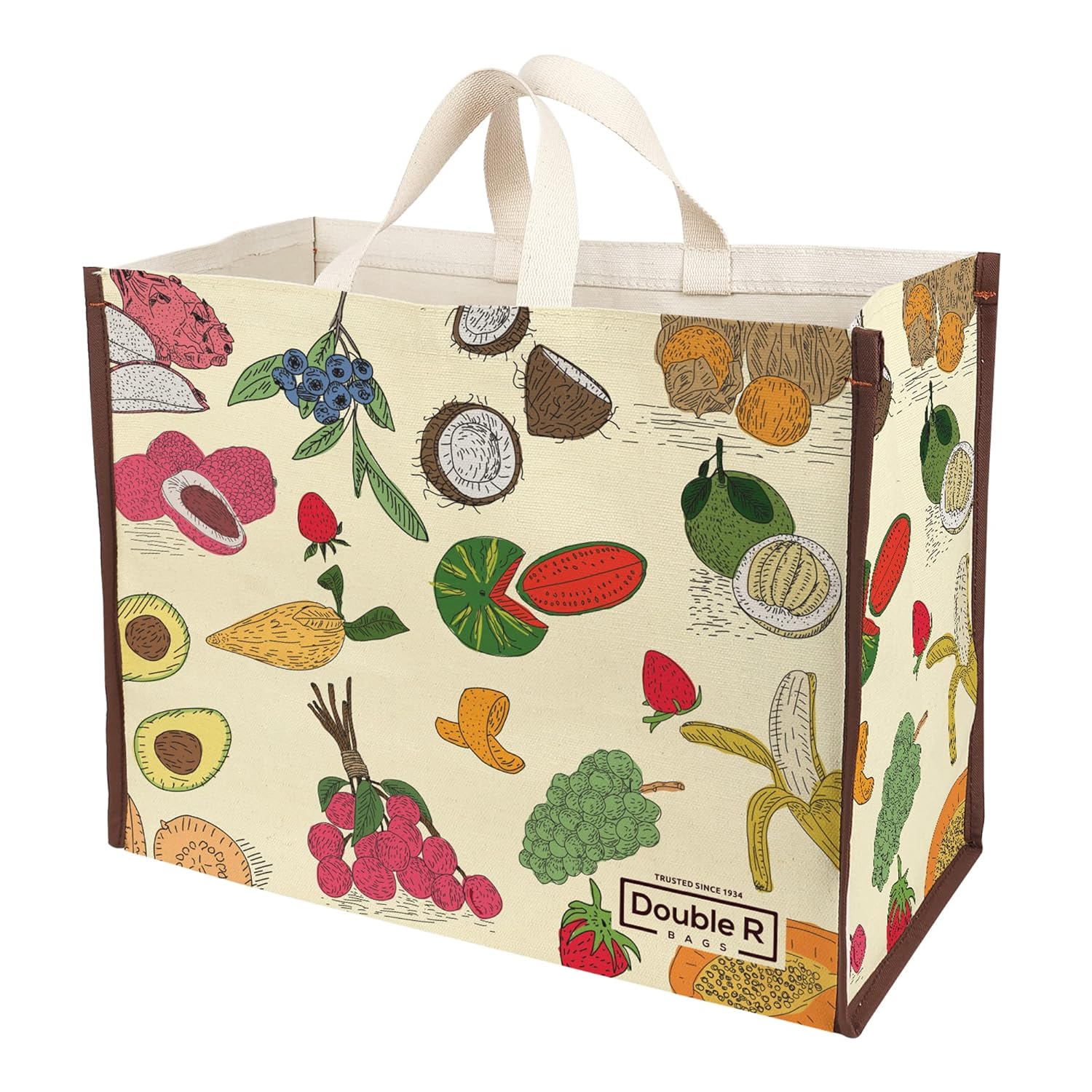 DOUBLE R BAGS Heavy Duty Cotton Canvas Grocery Shopping Bag | Eco-Friendly Cloth Tote for Vegetables, Milk, Fruits & Lunch | 33×44.4×20.3cm | 1 Compartment | Pack of 1 Fruit Print DOUBLE R BAGS Heavy Duty Cotton Canvas Grocery Shopping Bag | Eco-Friendly Cloth Tote for Vegetables, Milk, Fruits & Lunch | 33×44.4×20.3cm | 1 Compartment | Pack of 1 Fruit Print