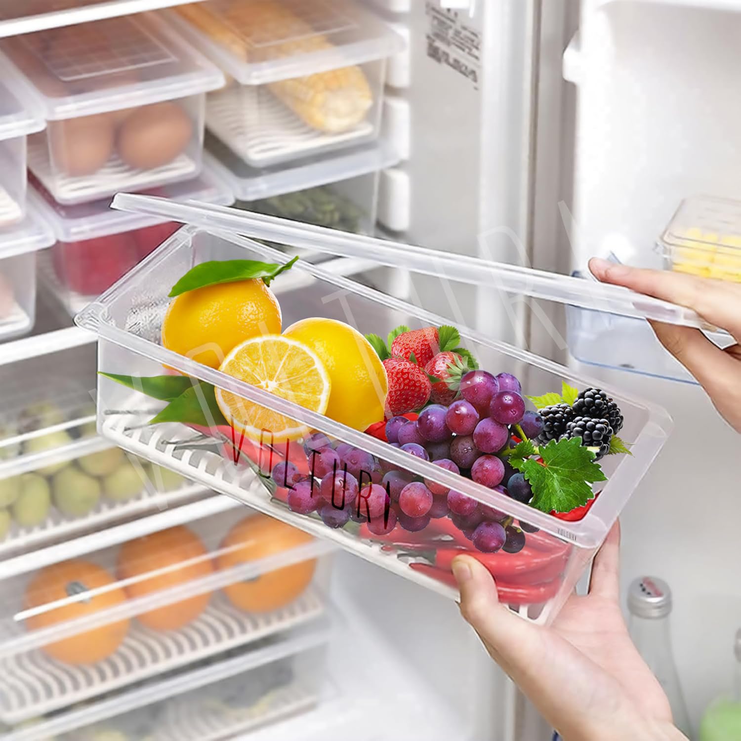 VOLTURI Fridge Storage Containers (Pack of 6), Fridge Organiser Storage Boxes with Removable Drain Plate, Lids, Stackable Organizer, Fridge Storage Box Keep Fruits, Vegetables Fresher, 1500 ML