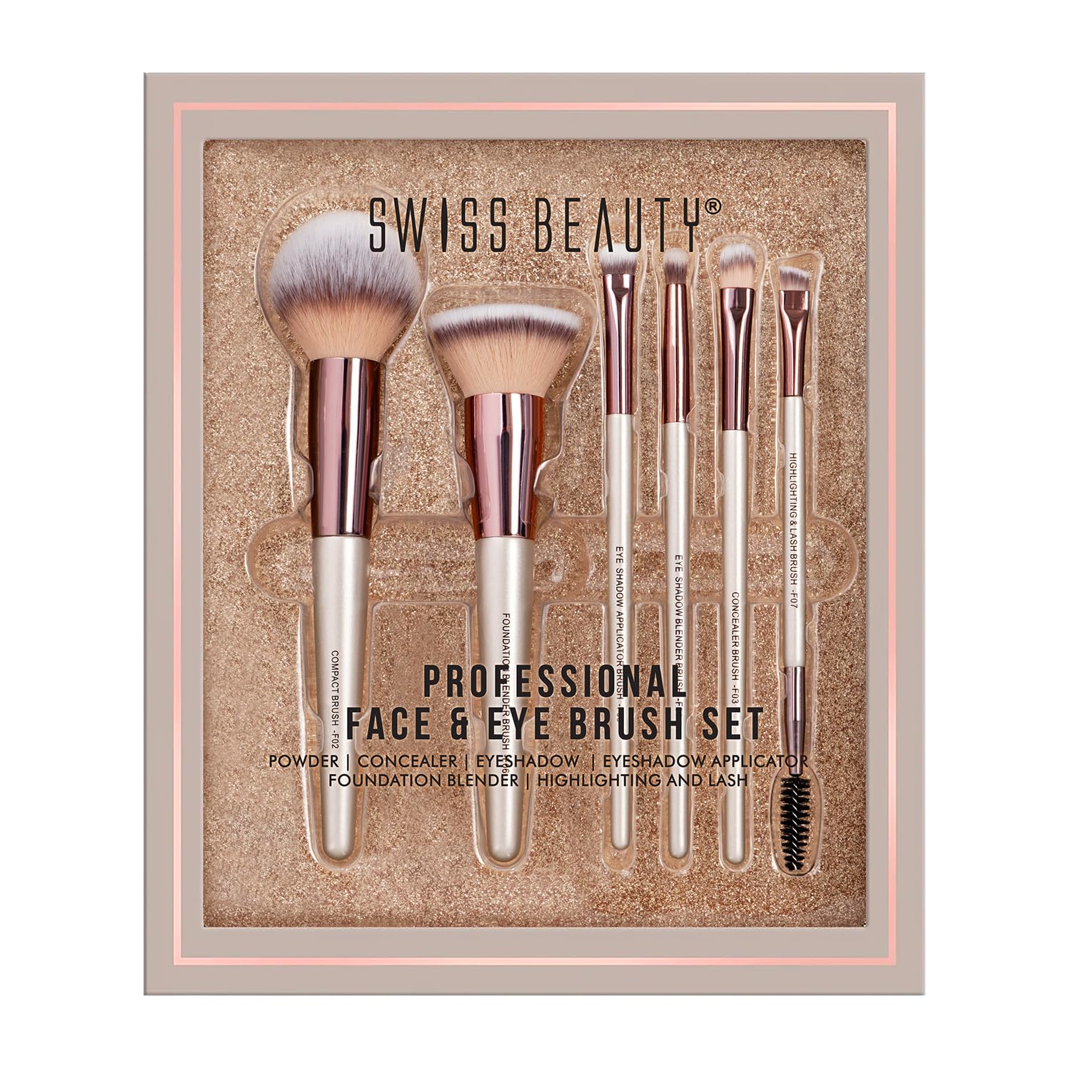 Swiss Beauty Professional Face & Eye Brush Set of 6 with Synthetic Fibres and Easy Blending For Cream, Liquid & Powder Formulation Swiss Beauty Professional Face & Eye Brush Set of 6 with Synthetic Fibres and Easy Blending For Cream, Liquid & Powder Formulation