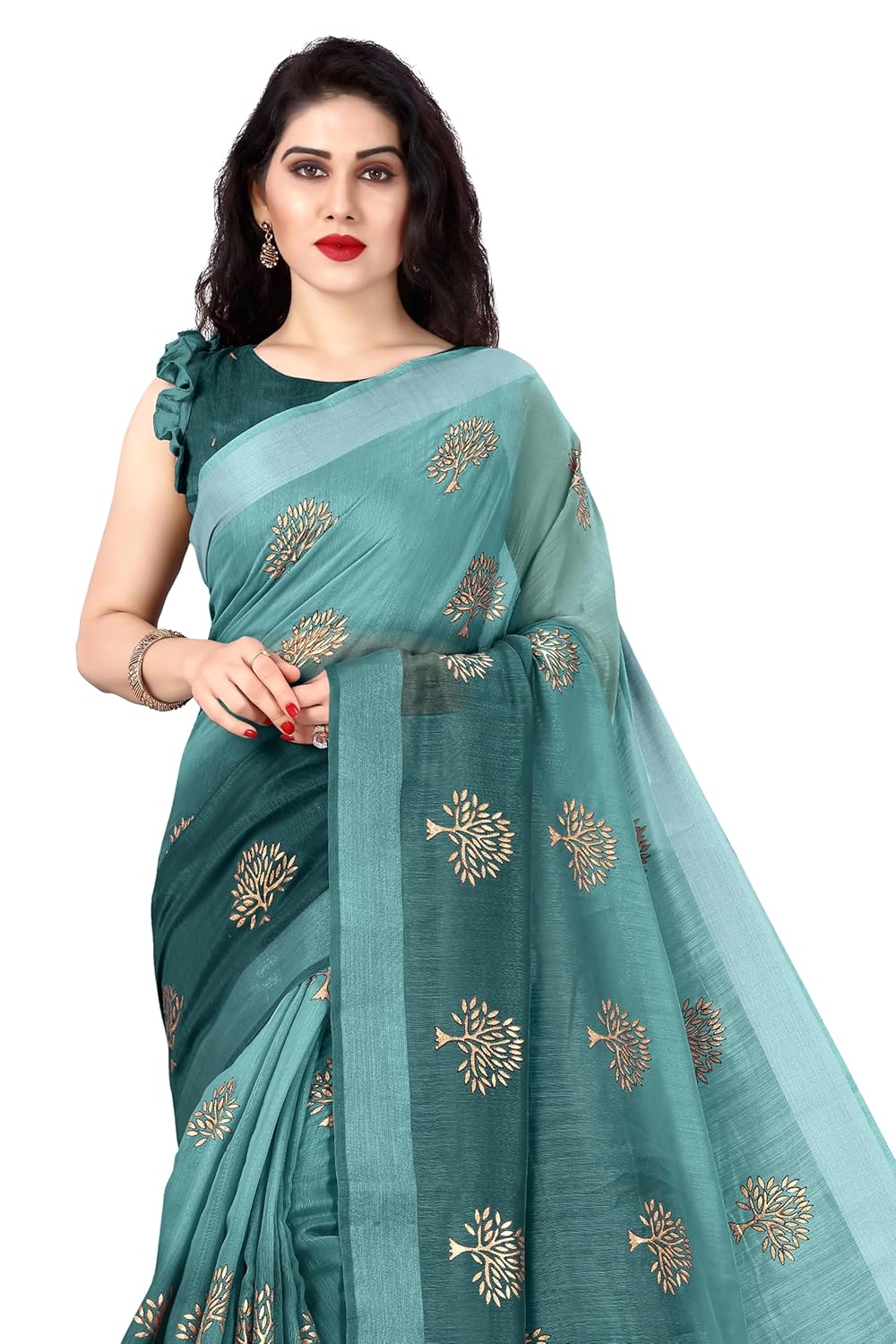 MIRCHI FASHION Women’s Cotton Blend Mix 2-Tone Foil Printed Saree with Blouse Piece