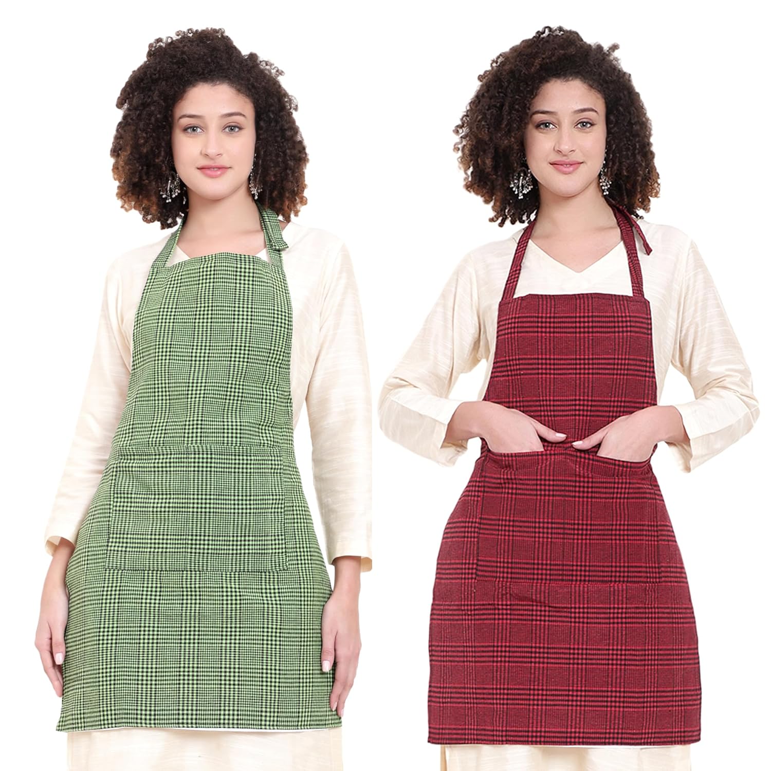 GLUN® Combo Red Check & Green Check Apron, Pack of 2 Small Check Design Unisex Kitchen Aprons, Waterproof Back with 2 Centre Pocket & Adjustable Neck Strap