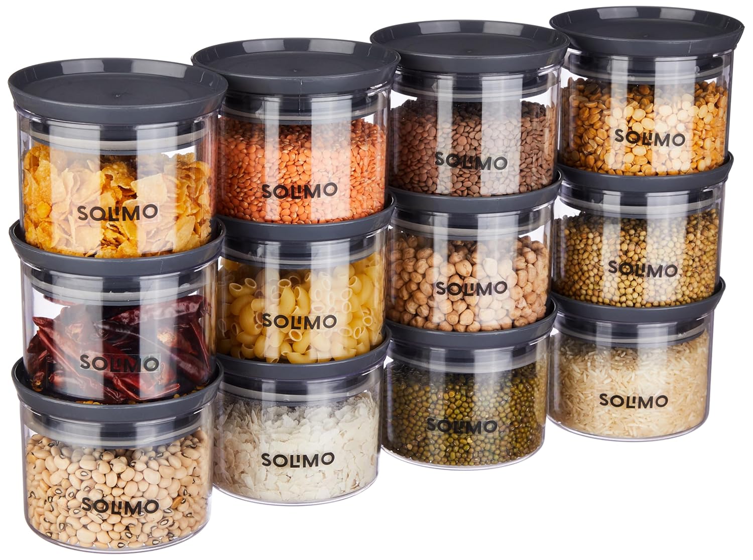 Amazon Solimo Plastic Storage Jar and Container Set I Air Tight & BPA Free Containers for Kitchen Storage Set I Grocery Kitchen Container Set I Multipurpose Jar, 500 Ml Each, Set 12, Grey