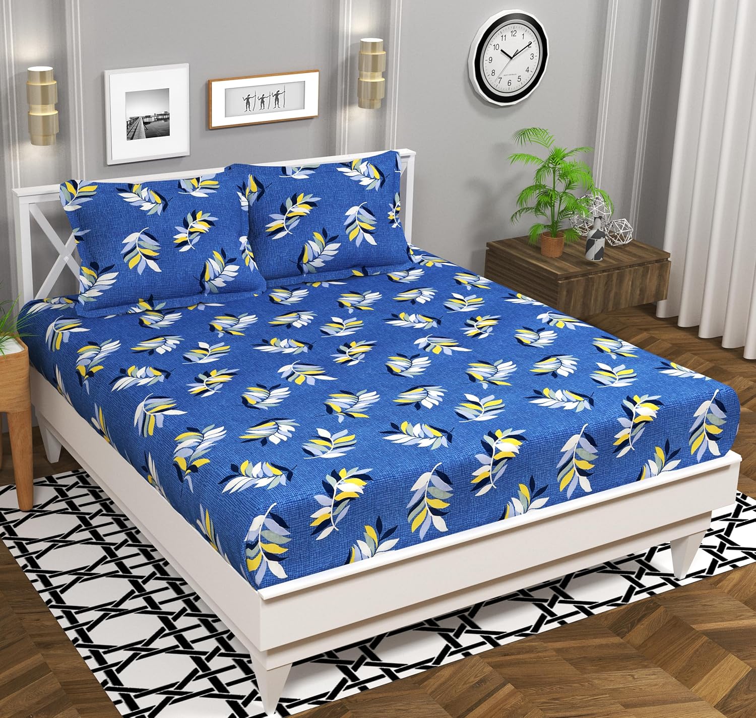 BSB HOME 120 TC Double Floral Bedsheet with 2 Pillow Covers | 110 GSM Soft Brushed Microfiber – Breathable & Wrinkle Free – (86 X 88 Inch, Leaf Printed, Royal Blue)