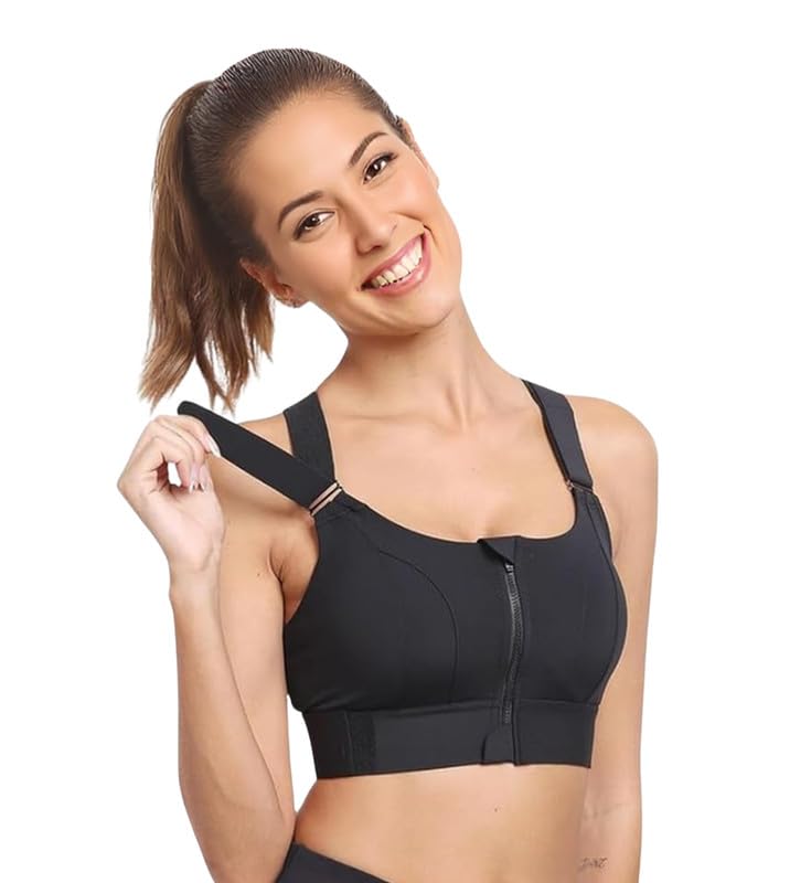 GLAMORAS Women Polyester Spandex High Impact Front Zip Sports Bra Longline Fitness Criss Cross Back Crop Tops for Gym, Yoga & Workout – Size: M-4XL