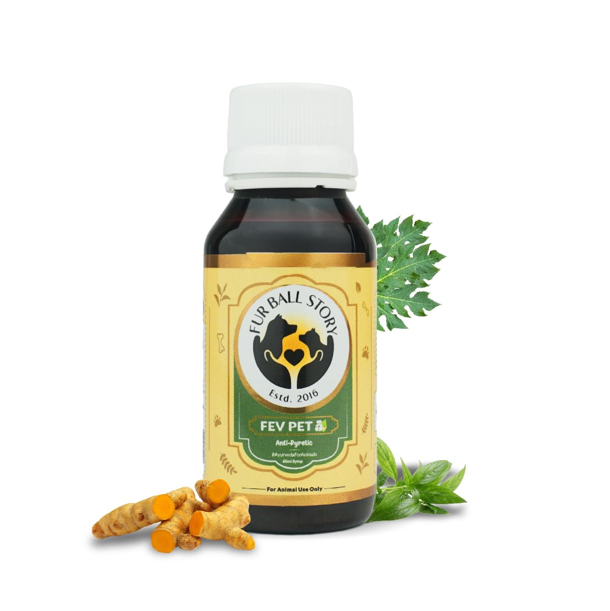 FUR BALL STORY Fev Pet 60ml | Ayurvedic Fever Relief Syrup for Dogs & Cats| Reduces Fever, Cough, Cold, Body Pain | Controls Viral Infections | Immunity Booster | Vet Recommended