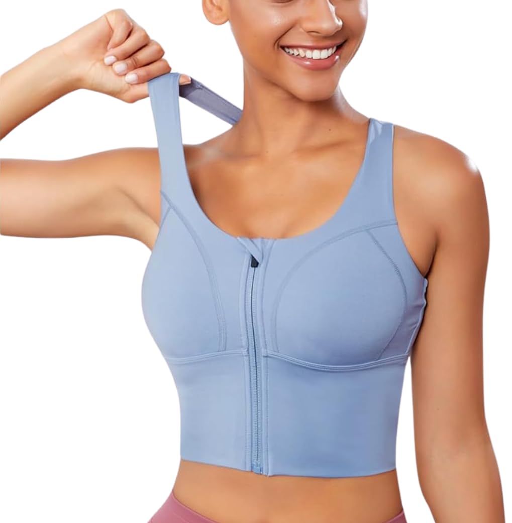 GLAMORAS Women Polyester Spandex High Impact Front Zip Sports Bra Longline Fitness Criss Cross Back Crop Tops for Gym, Yoga & Workout – Size: M-2XL