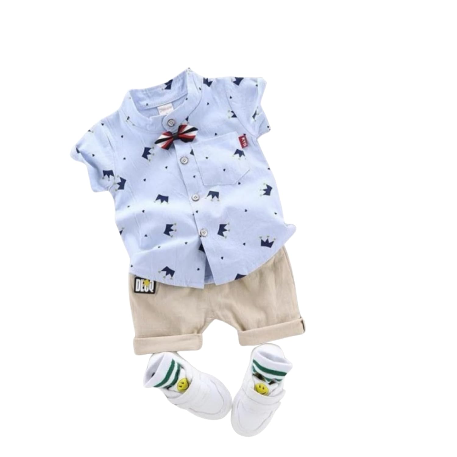 Vikita Enterprise Kid Boy’s Hosiery Cotton Blend Printed Cord Set with Mandarin Collar Short Sleeve Shirt and Side Pocket Elastic Waistband Closure Short Pant with Tie