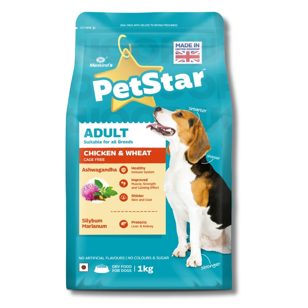 Mankind Petstar Adult Dry Dog Food (High Protein) Chicken & Wheat Flavor, 1kg | Improves Muscle & Strength, Supports Immunity, Protects Liver & Kidney