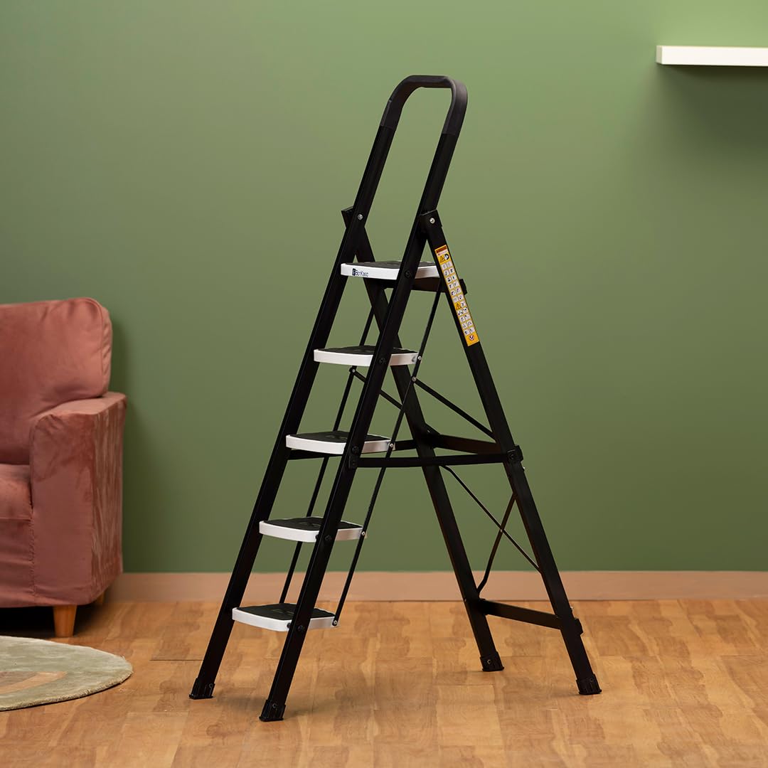 BonKaso Premium Alloy Steel Heavy Duty Multipurpose Foldable 5 Step Ladder with Connecting Frame & Belt Support for Home and Outdoor – (Matte Black & White)