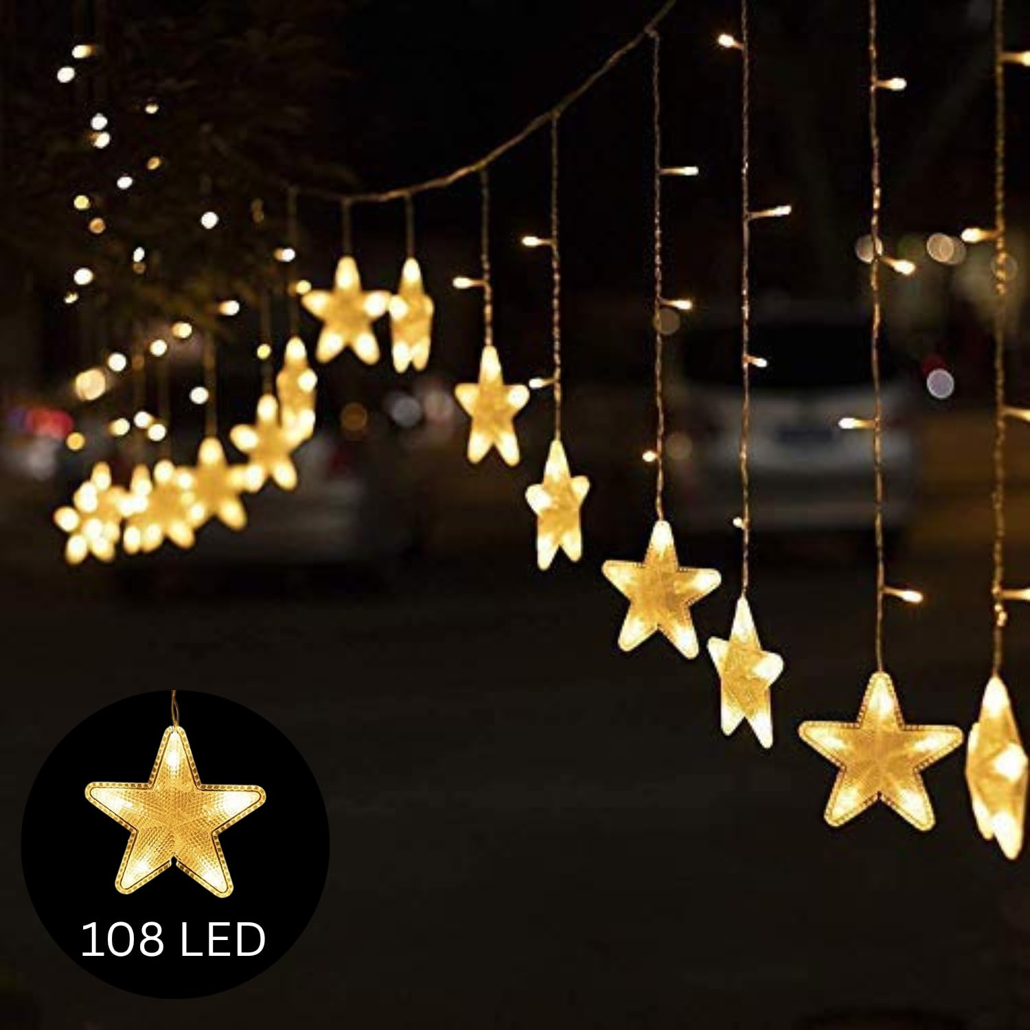One94Store Welcome Star Curtain Lights – 3 Meter, 16 Stars, 108 LEDs, 8 Modes, Plug-in Decorative Curtain Lights for Wall, Window, Home, Festival, Diwali & Christmas Decoration (Warm White)