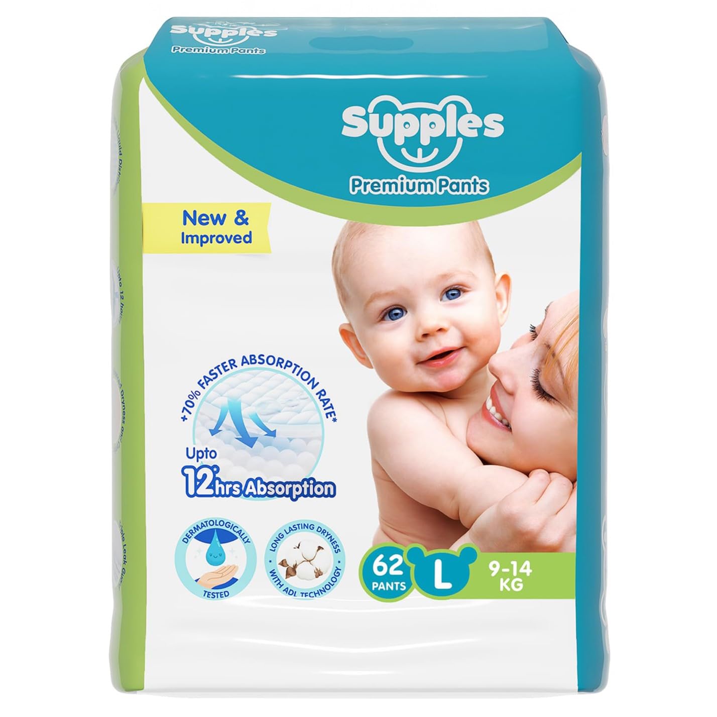 Amazon Brand – Supples Premium Baby Diaper Pants | 62 Baby Diapers | Large | 9-14 Kg | 12 Hrs Absorption | Cushiony Cotton Soft Fabric | Phthalates-Free | Triple Leak Guard