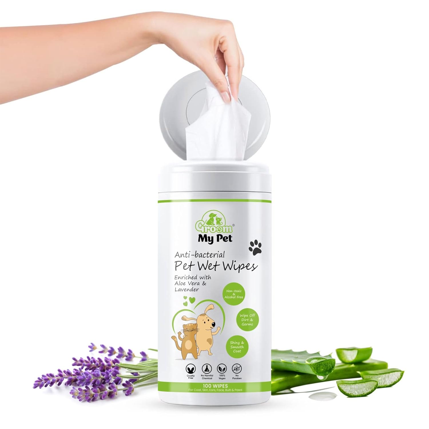 Wet Wipes for Dog & Cat-100 Wipes | Enriched with Lavender & Aloevera Extract | Anti-Bacterial & Hypoallergenic | Dry Bath for Coat, Skin, Ears, Face, Butt & Paws | 100% Biodegradable