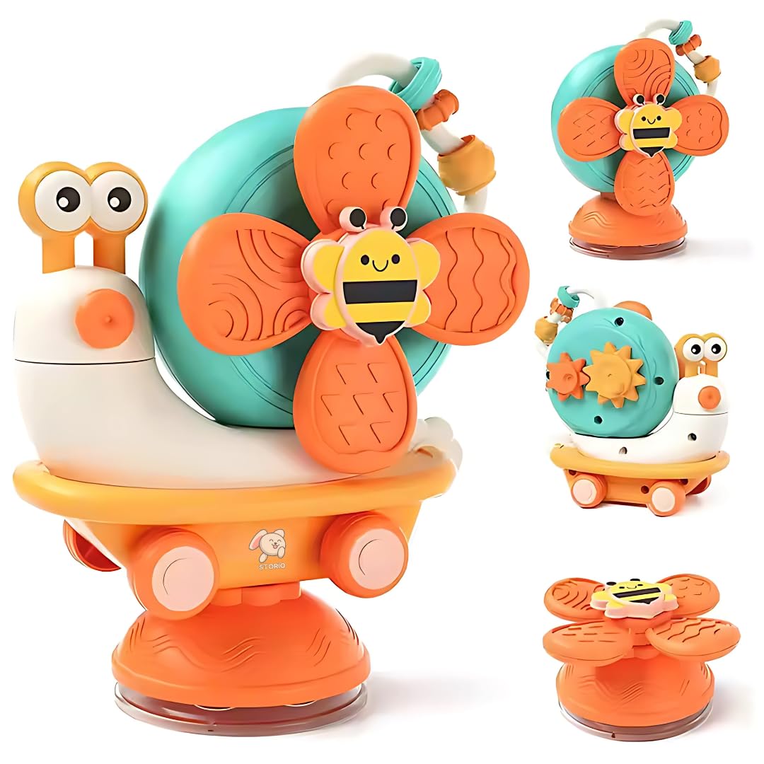 Storio 5-in-1 Baby Suction Spinner Toy, Interactive Learning Set with Rattle and Sensory Play, for 6+ Months Kids – Orange & Cream