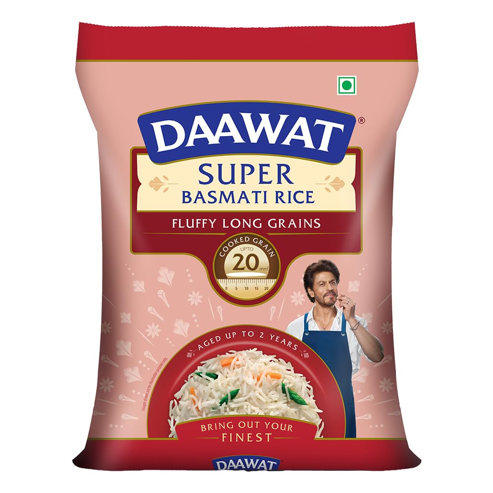 Daawat Super Basmati Rice 5Kg| Fluffy Long Grains| Cooked upto 20mm