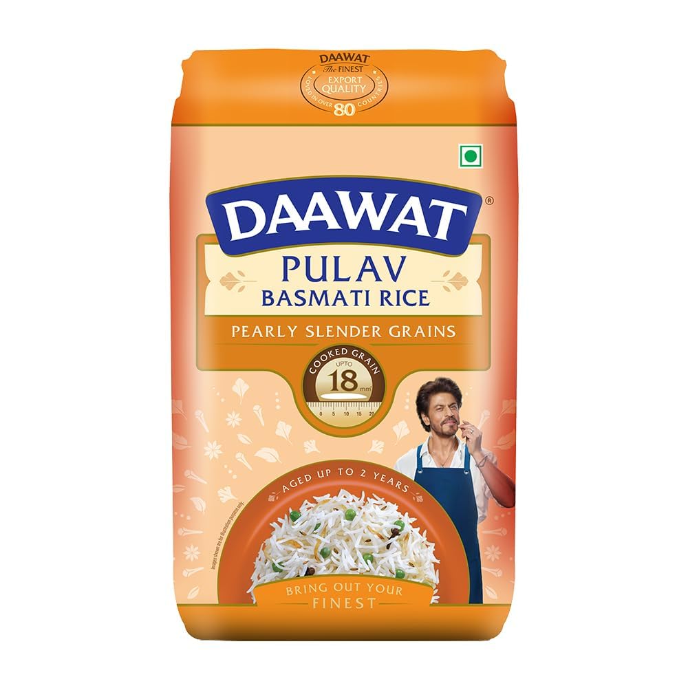 Daawat Pulav Basmati Rice 1Kg| Pearly slender Grains| Cooked Grain Upto 18mm*| Long & Fluffy Pulav Rice