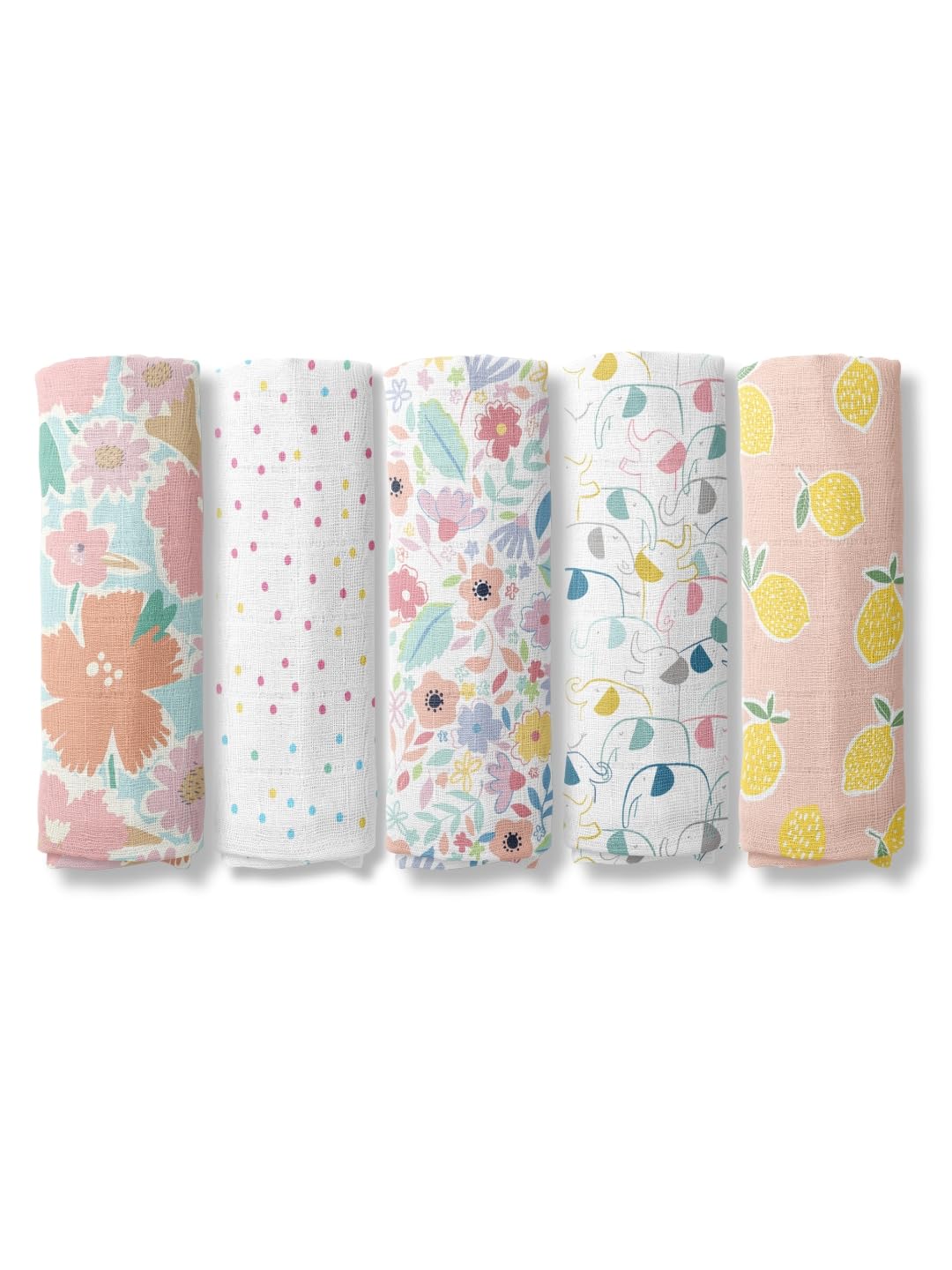 haus & kinder Eleflora Collection 100% Cotton Muslin Baby Swaddles Wrap for Newborn Baby, Size 100cm x 100cm, Pack of 5 (Ditsy Bloom, Floral,Dots, Elephant, Pineapple, Multicolor)
