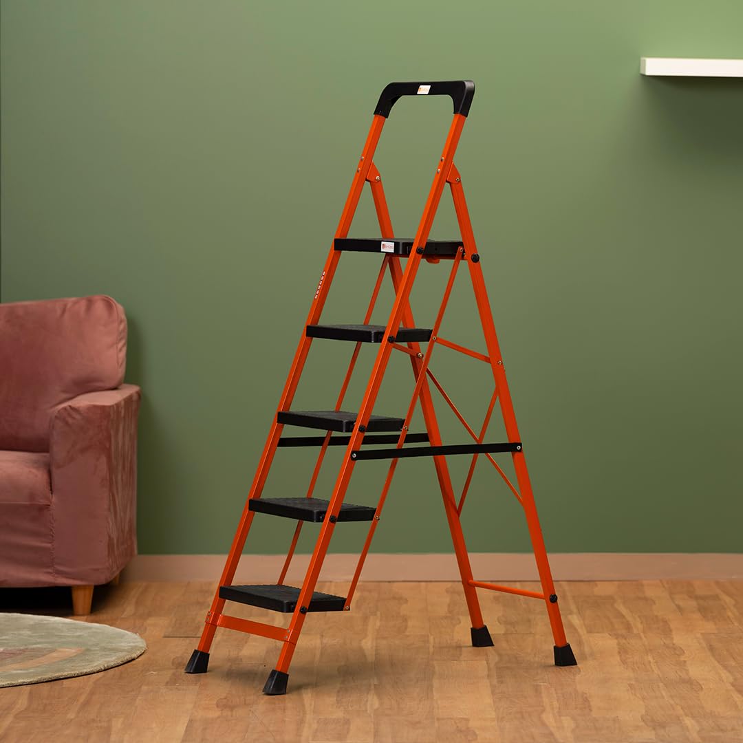 BonKaso Premium Steel Multipurpose Climb Easy Anti-Slip 5-Step Foldable Ladder with Safety Clutch Lock, Support Handle and Tool Tray for Home – (Orange & Black)