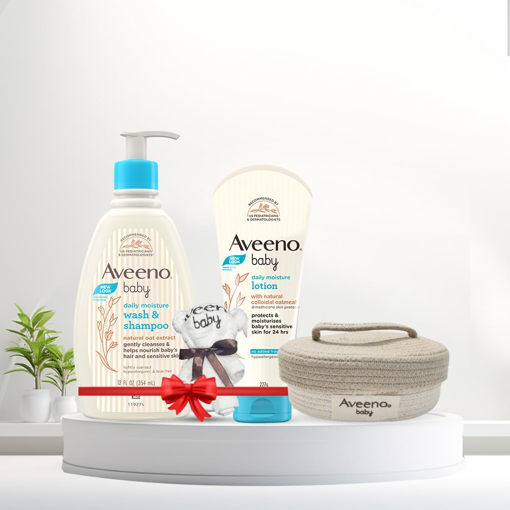 Aveeno Baby Gift Pack: Daily Moisturizing Bath (354 ml) & Lotion (227g) with Basket and Towel | Natural Oat Extract | US #1 Pediatrician Recommended, Hypoallergenic | Soothes, Hydrates, and Protects Baby’s Sensitive Skin