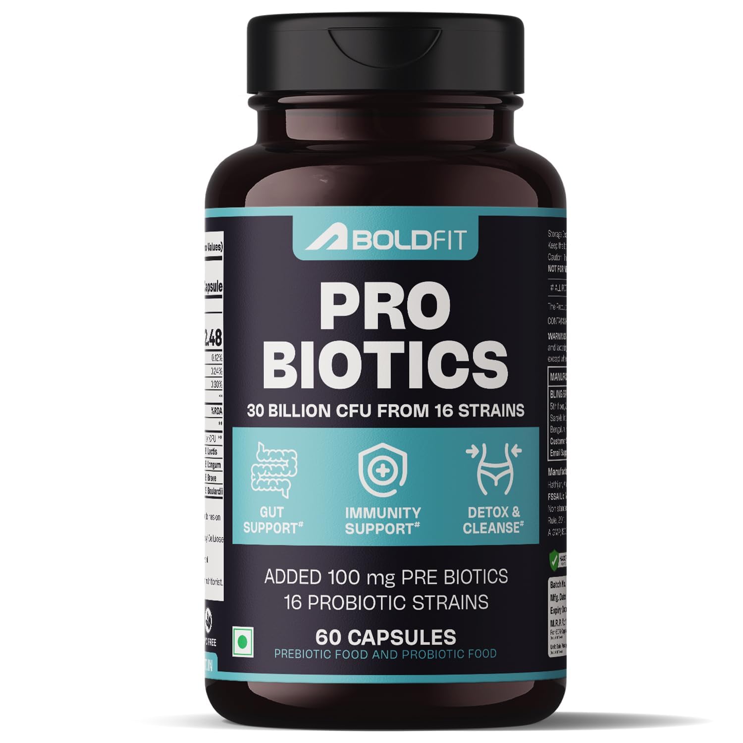 Boldfit Probiotics supplement for gut Health 30 Billion CFU with 16 Strains & Prebiotics Supports Digestive Health, Immune Function, and Overall Wellness -60 Vegetarian Probiotics Capsules Boldfit Probiotics supplement for gut Health 30 Billion CFU with 16 Strains & Prebiotics Supports Digestive Health, Immune Function, and Overall Wellness -60 Vegetarian Probiotics Capsules