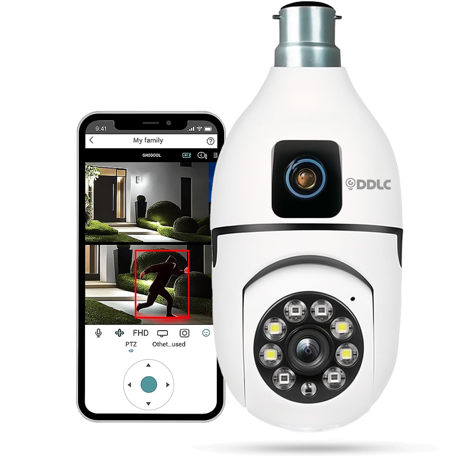 DDLC Wi-Fi Wireless Bulb Shape Outdoor Indoor 360° Smart Home Security CCTV Camera 24×7 Continuous Recording with Motion Sensor, Auto Tracking Two Way Audio, (Dual Lens Light Bulb)