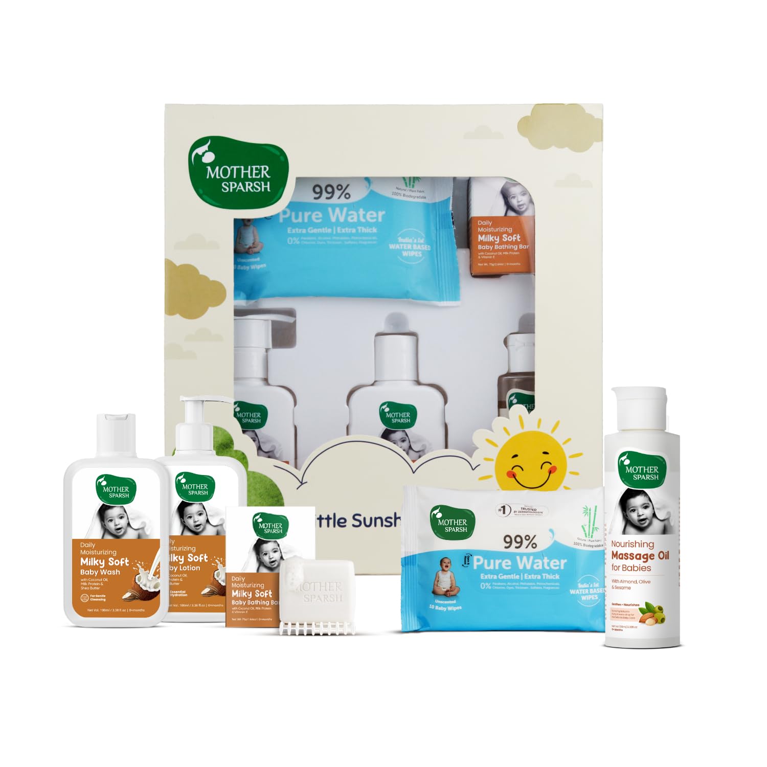 Mother Sparsh Gift Set For Babies | Combo Pack of 5 Baby Skin Care Essentials | Includes Baby Wipes, Baby Lotion, Baby Wash, Baby Bathing Bar & Baby Massage Oil Mother Sparsh Gift Set For Babies | Combo Pack of 5 Baby Skin Care Essentials | Includes Baby Wipes, Baby Lotion, Baby Wash, Baby Bathing Bar & Baby Massage Oil