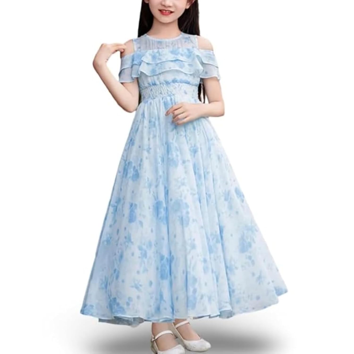 Niren Enterprise Girls Casual Floral Round Neck Cap Sleeves Fit and Flare Straight Full Length Gown Dress