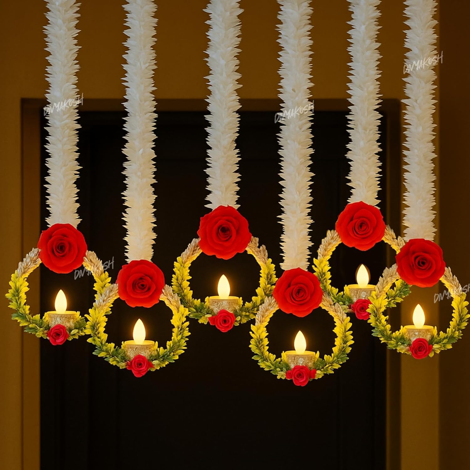 Divyakosh Set of 4 Wall Hangings (LED Lights – NOT Included)-20 INCH for Home Decoration, Diwali Decor, Red Flower, Handmade Diwali Decoration Psychedelic Wall hangings, Door Valance Hanging