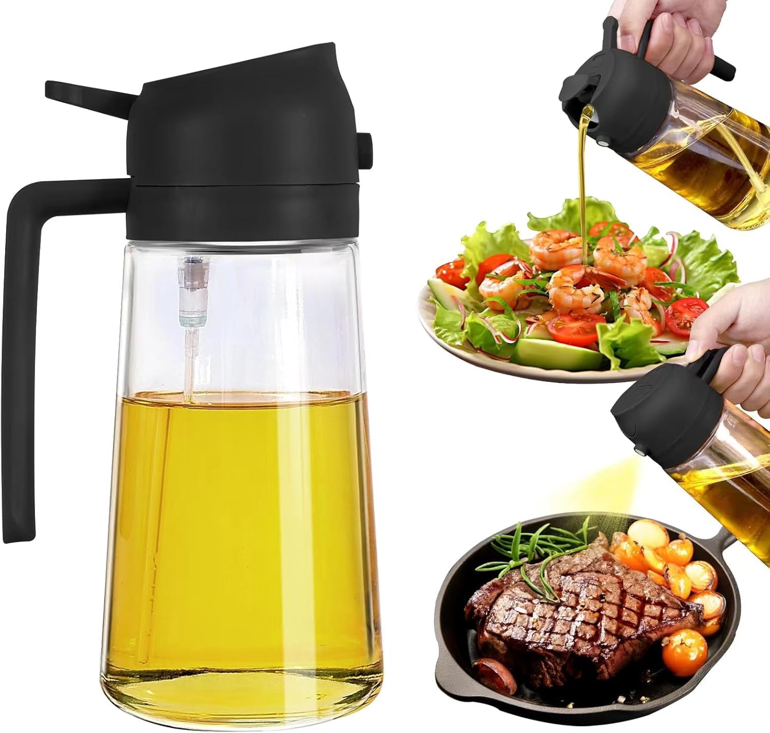 Glass Oil Sprayer and Dispenser Bottle, 500ml Capacity, 2-in-1 Design, Black