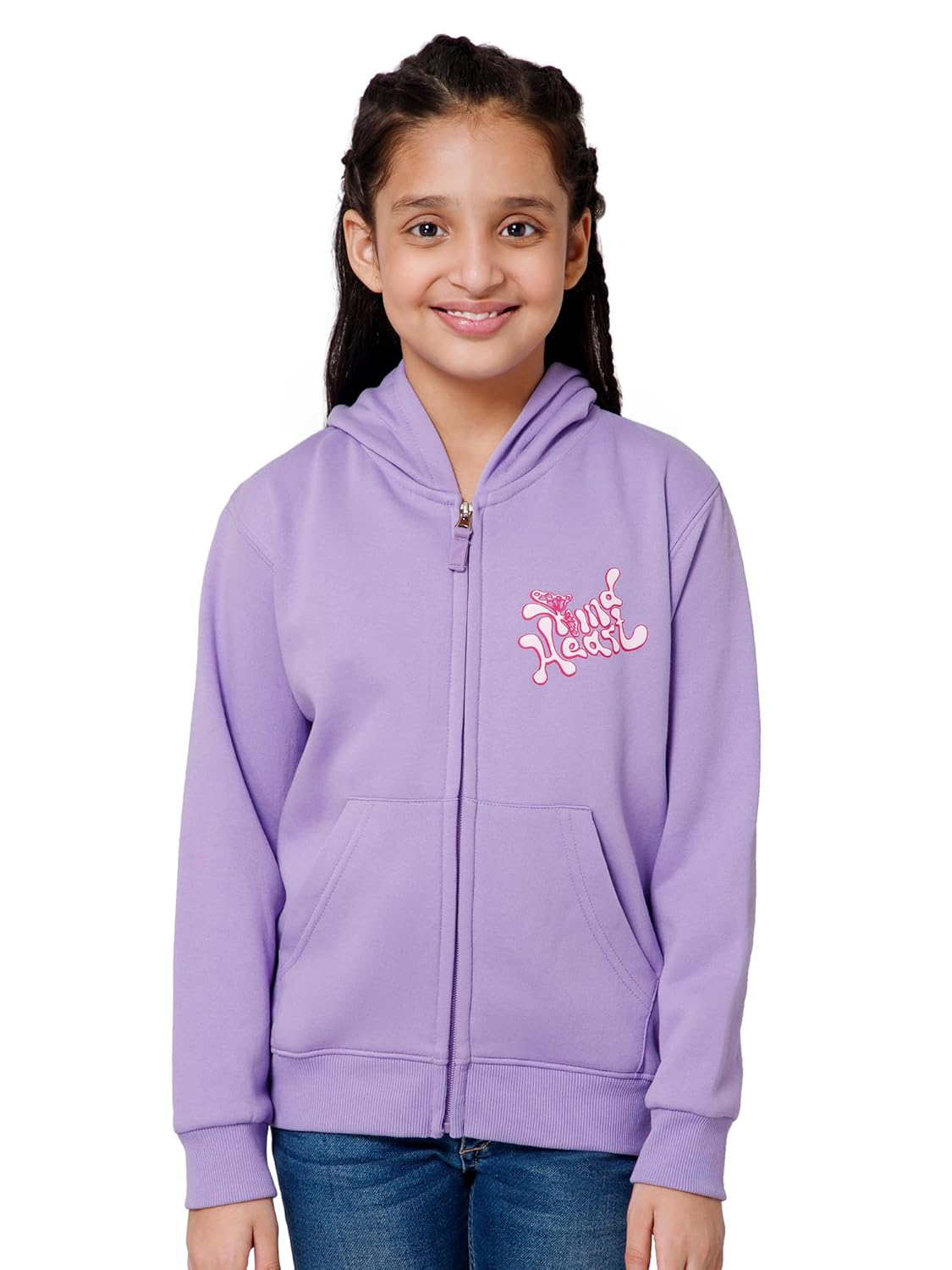 Alan Jones Clothing Girls Zipper Hooded Sweatshirt | Placement Print | Insert Pockets | Ribbed Hem | Regular Fit