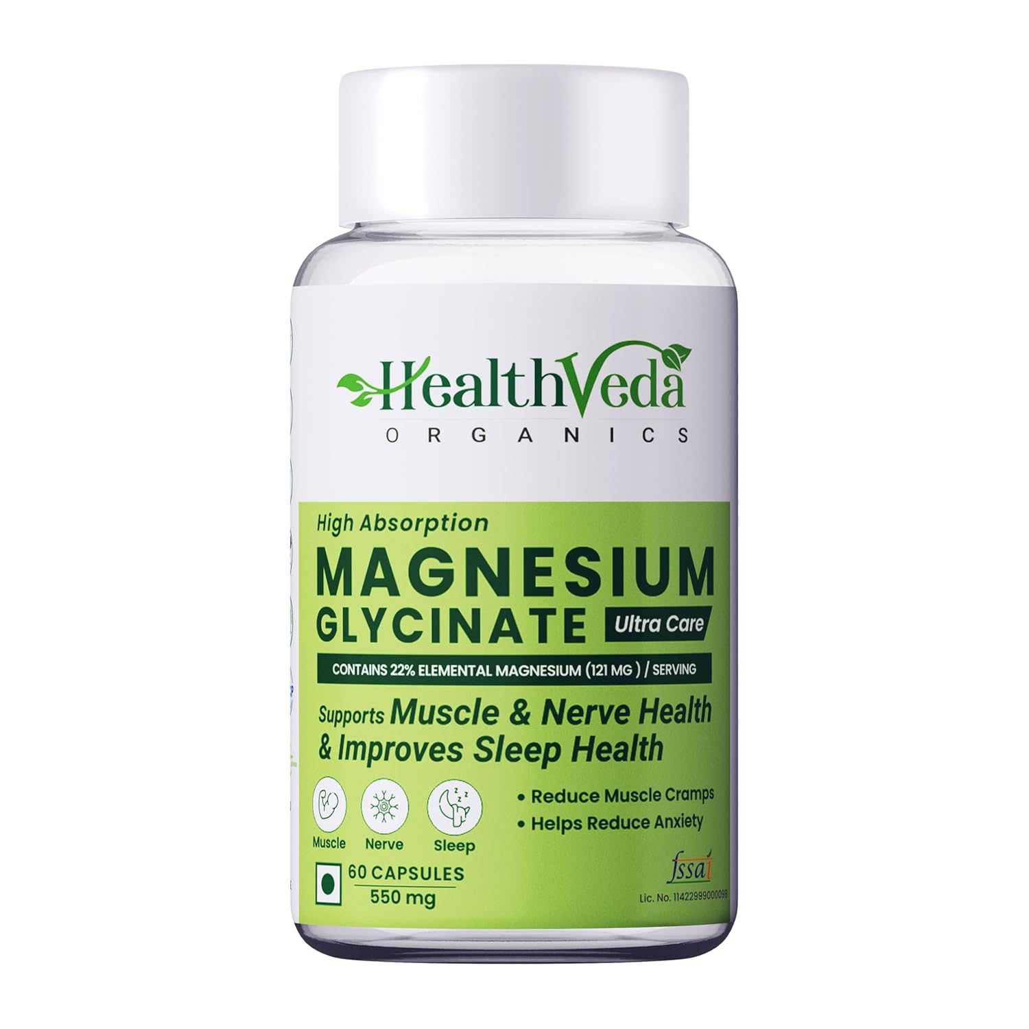 HEALTH VEDA ORGANICS PRIVATE LIMITED High Absorption Magnesium Glycinate, 550mg | 60 Veg Capsules | Supports Nerve & Muscle Health | Improves Sleep Quality | For Both Men & Women HEALTH VEDA ORGANICS PRIVATE LIMITED High Absorption Magnesium Glycinate, 550mg | 60 Veg Capsules | Supports Nerve & Muscle Health | Improves Sleep Quality | For Both Men & Women