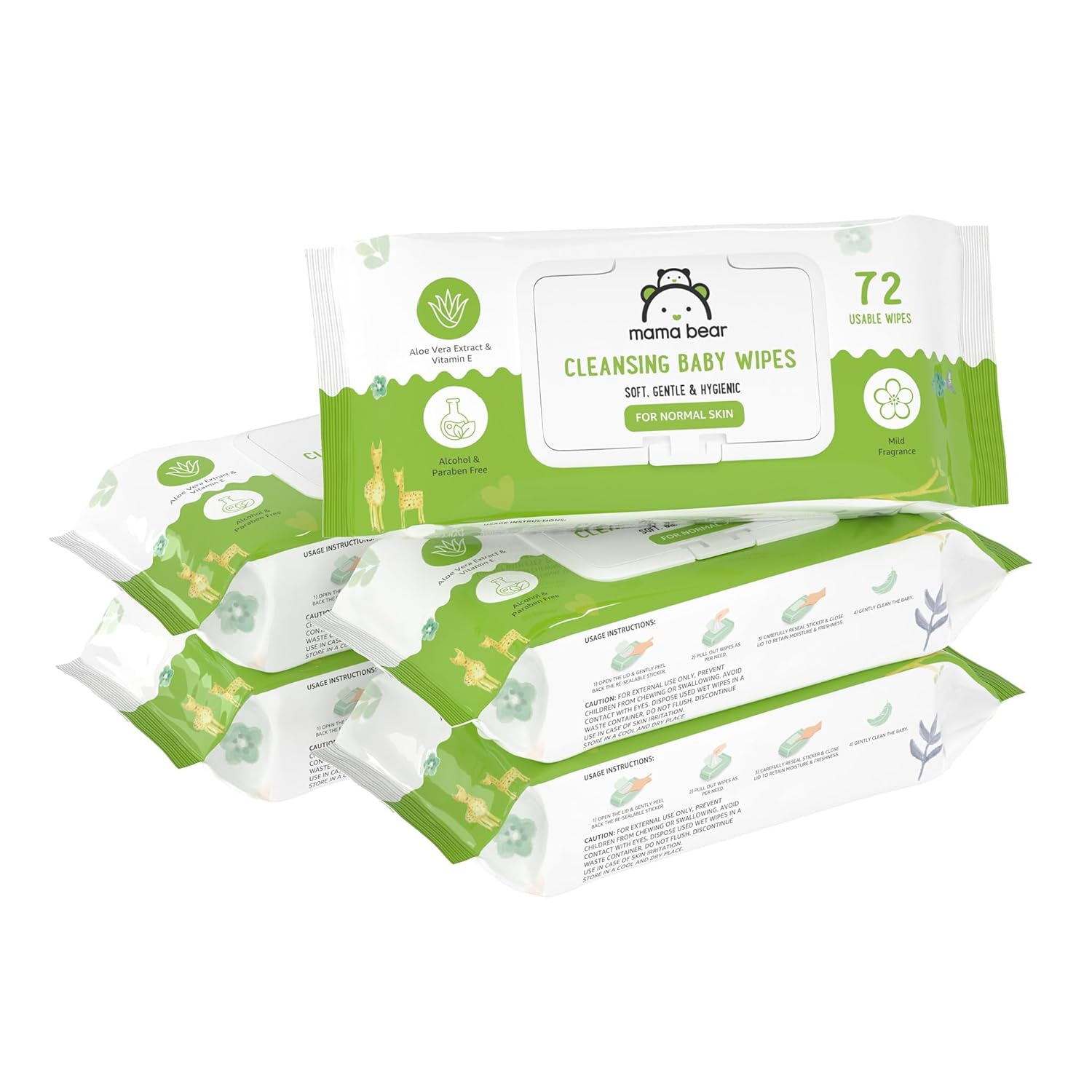 Amazon Brand – Mama Bear Cleansing Baby Wipes With Lid | 360 Wipes | 72 Wipes x 5 Packs | Dermatologically Tested | With Aloe Vera & Vitamin E | Alcohol-free | Paraben-free | Water-Based Formulation