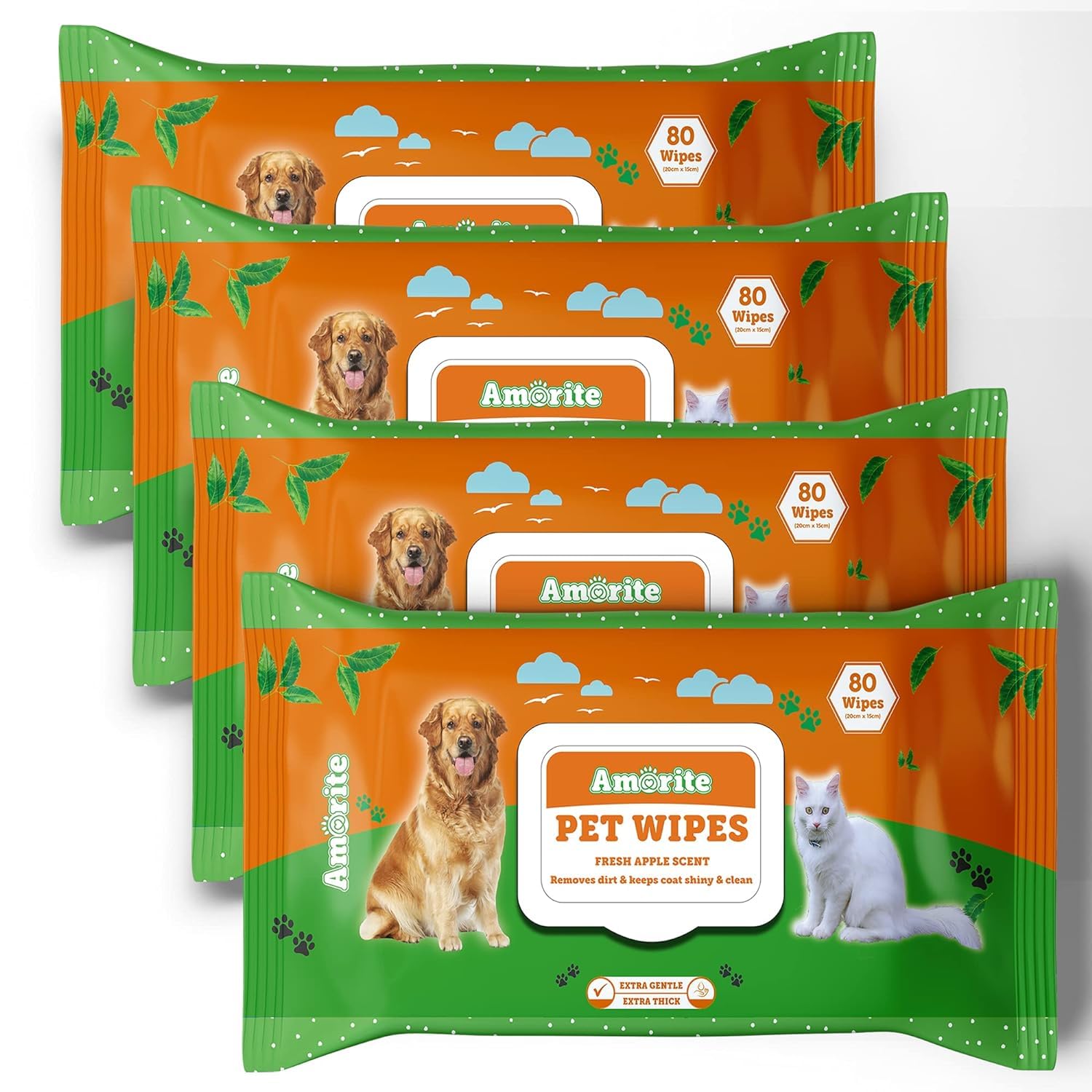 AMORITE Anti-Bacterial 320 Count Pet Wipes with Fresh Apple Scent for Dogs, Puppies & Pets (Pack of 4) Suitable for All Types of Pets’ Dry Bathing, Daily Care, Paw Cleaning Wipes