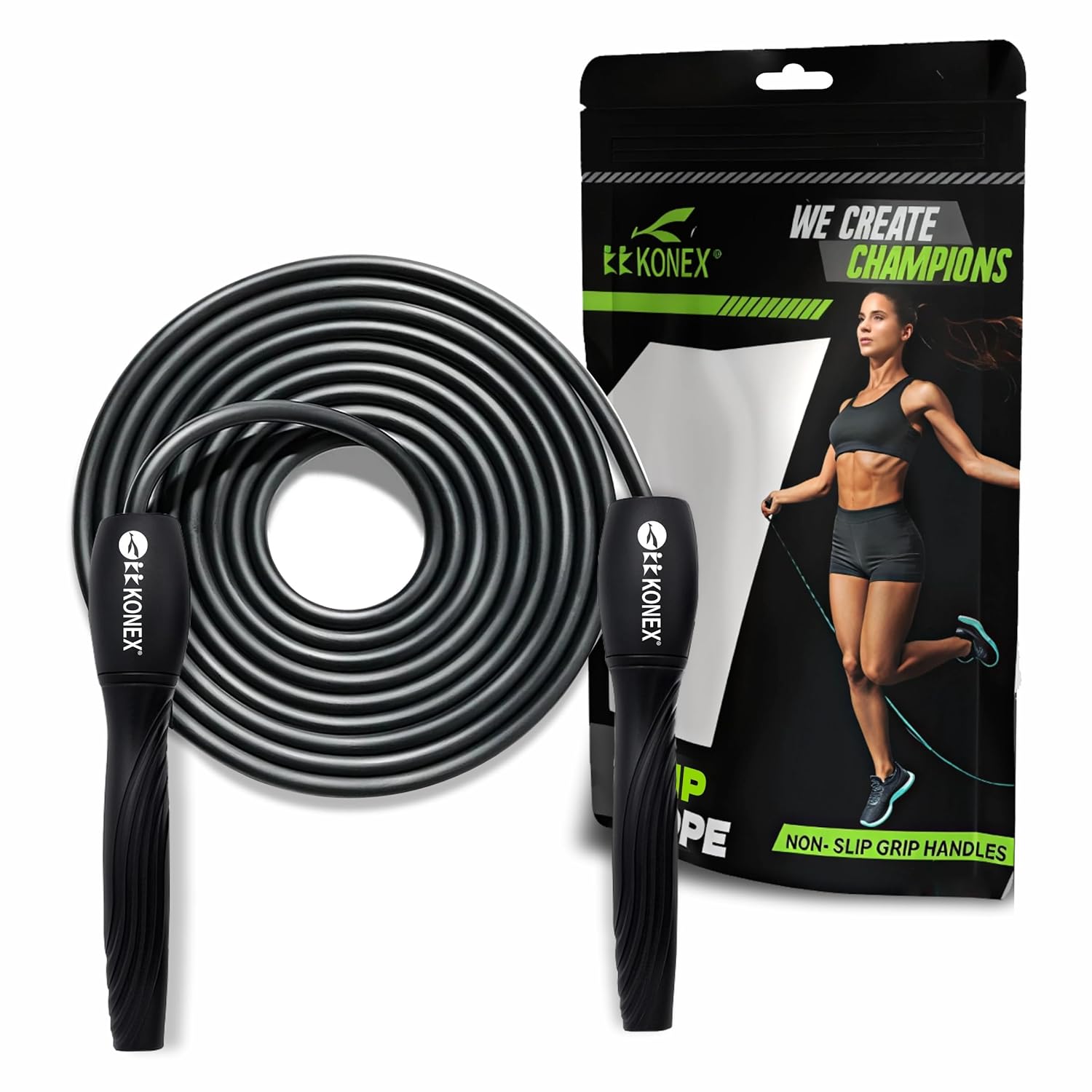 Konex Skipping Rope for Men & Women | Jumping Rope for Fitness, Home & Gym Workouts (Black)