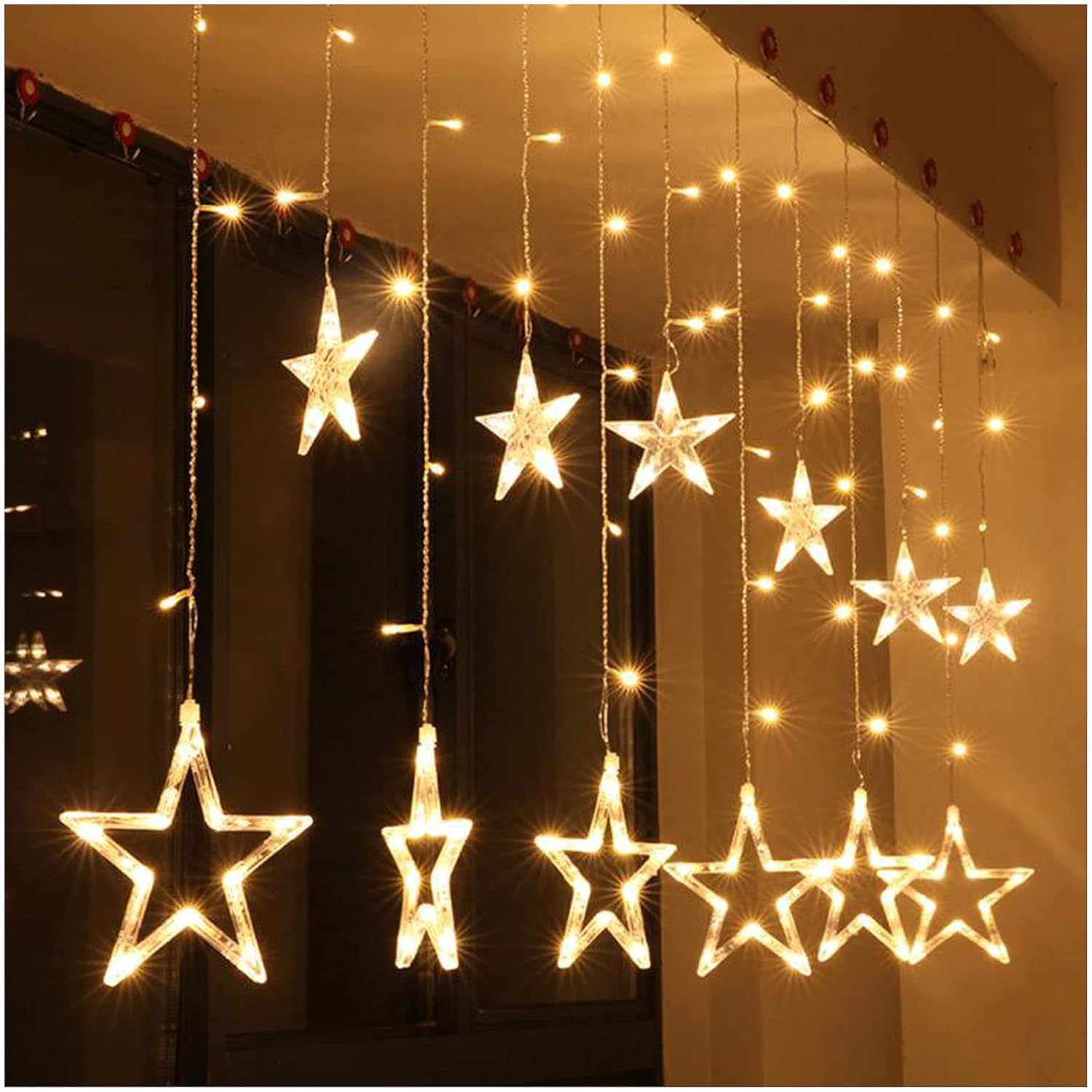 One94Store Star Curtain LED String Lights – 138 LED, 8 Flash Modes, Warm White Copper Wire Fairy Lights for Window, Wall, Garden, Diwali, Christmas, Wedding & Home Decoration (3 Meter)