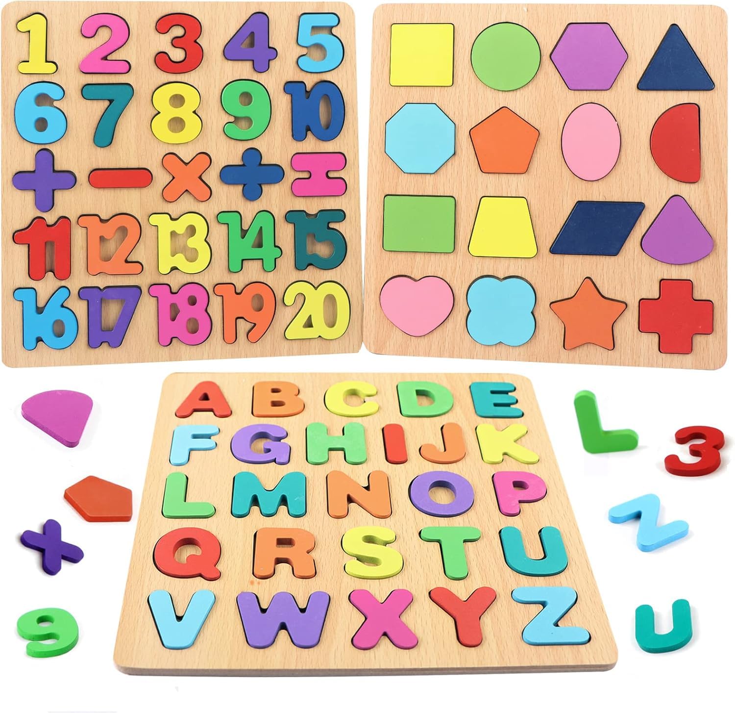 Storio Toys 3 in 1 Wooden Puzzles for Toddlers | Educational Board Game ABCD Alphabets, Numbers & Shapes Puzzles | Toddler Learning Puzzle Toys for Kids 1-3 Years Old | Early Education Gift for Kids