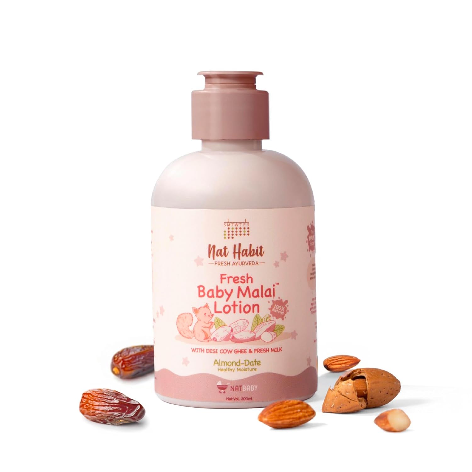 Nat Habit Baby Malai Lotion |Almond & Date| Baby Body Lotion & Moisturizer for Deep Nourishment & Skin Barrier Protection | 100% Natural, Chemical-Free Baby Cream | 200ml