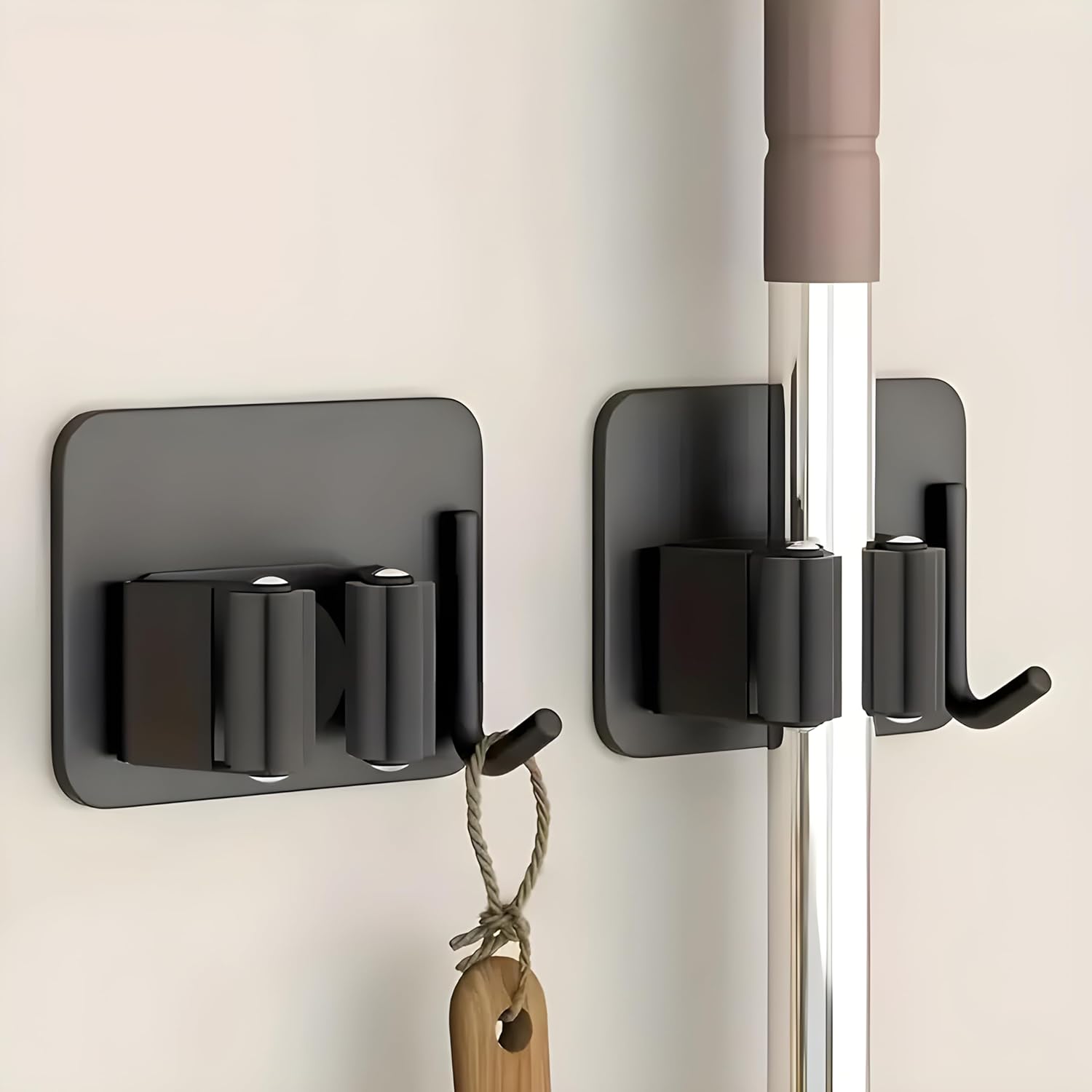 JIALTO 2 Pieces Stainless Steel Broom Holder with Hook – Wall-Mounted Adhesive Waterproof Rustproof Heavy Duty Broom and Mop Stick Holder for Home, Kitchen,