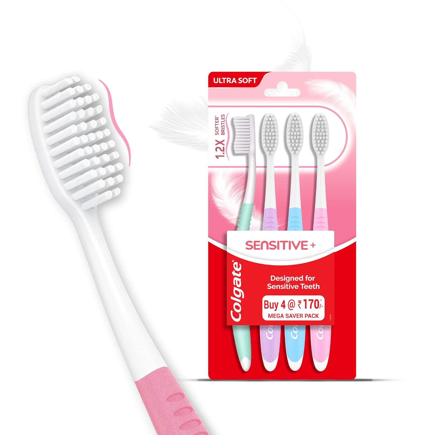 Colgate Sensitive+ Ultra Soft (1.2X softer bristles) Manual Toothbrush Designed for Sensitive Teeth (Mega Saver Pack) – 4 Pcs, Multicolor